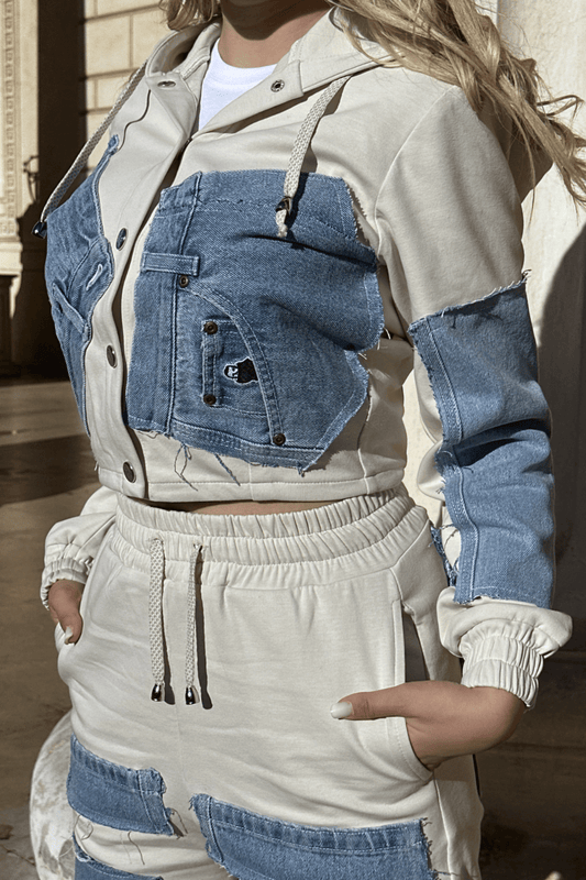 trening dama bumbac alb cu denim