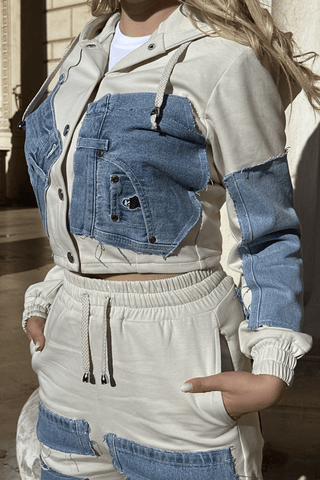 trening dama bumbac alb cu denim