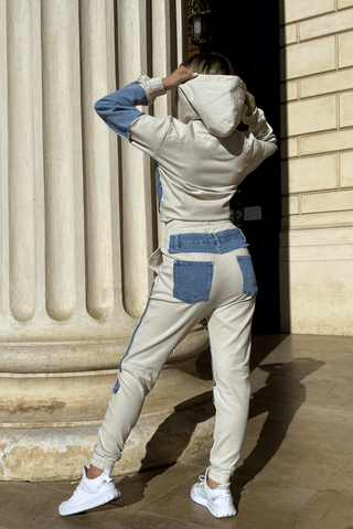 trening dama bumbac alb cu denim
